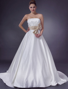Satin Wedding Dresses White Strapless Bridal Gown A Line Bow Sash Pleated Chapel Train Wedding Gown
