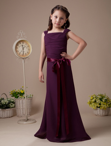Purple Pleated Sash Satin Chiffon Flower Girl Dress