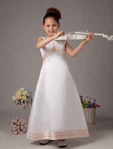 White Sleeveless Inverted V Satin Flower Girl Dress