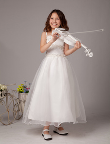 White Flower Girl Dresses Sleeveless Straps Beaded First Communion Dresses