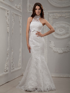 White Halter Neck Lace Bridal Mermaid Trumpet Wedding Dress