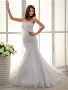 White Sweetheart Applique Lace Mermaid Trumpet Wedding Dress