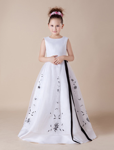 Cute White Embroidery Sash Satin Organza Flower Girl Dress