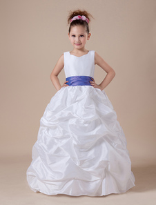 White Flower Girl Dress Taffeta Ruched Kids Formal Party Dress Sash Satin Ball Gown First Communion Dress