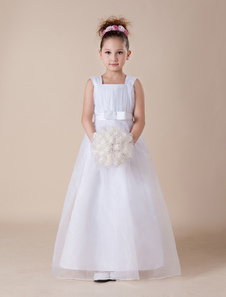Romantic White Sleeveless Satin Organza Flower Girl Dress