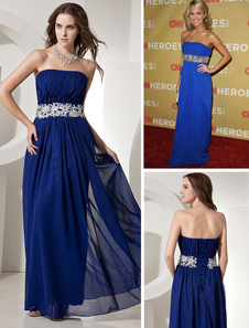 Vestido de Premios Globo de Oro de gasa de color azul con cuentas de estilo elegante