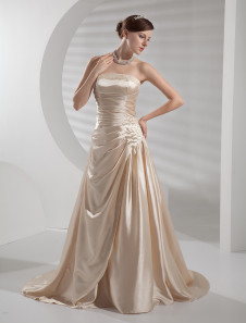 Champagne Wedding Dress Strapless Backless Ruched Satin Wedding Gown