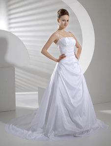 Wedding Dress 2021 A Line Spaghetti Straps Pleated Taffeta Backless Bridal Gowns With Train