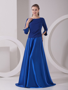 Vestido para la madre de la novia de color azul real de satén elástico de línea A con ojo de la cerradura hasta el tobillo