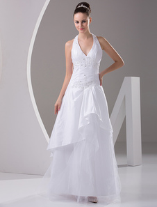 White A-line Halter V-Neck Taffeta Organza Wedding Gown
