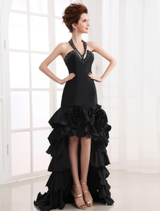 High-Low Black Wedding Dress  Halter Neck Ruffle Taffeta Prom Dress