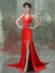 Hot Red Elastic Woven Satin Halter Prom Dress