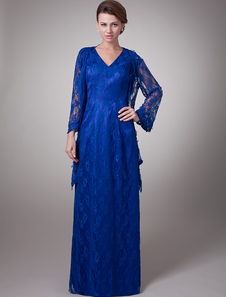 Hottest Blue Elastic Woven Satin V-Neck Mother of The Bride Dress