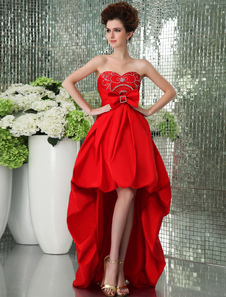 Red Asymmetrical Prom Dress with Empire Waist Strapless Bow 