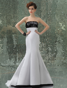 White Satin Lace Embroider Strapless Mermaid Trumpet Prom Dress