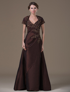 Chocolate A-line Backless Taffeta Fashion Dress For Mother of the Bride with V-Neck Beading Short Sleeves