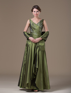 Mother Of Bride Dress Green Wrap V Neck Floor Length Taffeta Wedding Guest Dresses