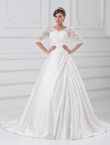 White A-line V-Neck Beading Taffeta Wedding Dress For Bride 