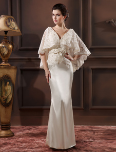 Elegant Ivory Lace V-Neck Sexy Evening Dress Wedding Guest Dress Milanoo