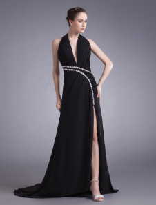 Sexy Black Chiffon Rhinestone Halter Fashion Evening Dress