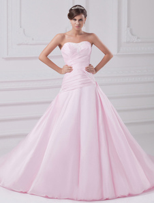 A-line Sweetheart Neck Strapless Ruched Taffeta Pink Wedding Dress