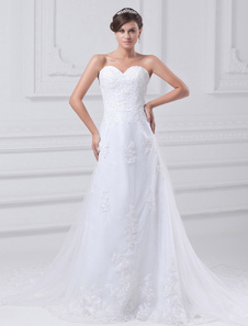 White A-line Sweetheart Sequin Tulle Wedding Dress For Bride