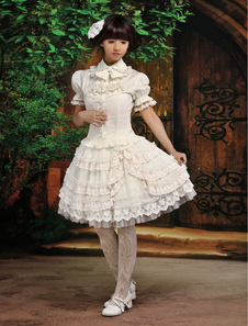 Sweet Short Sleeves Cotton Blend Ecru White Lolita Outfits 