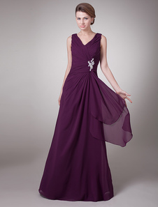 Grape Mother of the Bride Dress Embroidered Ruched Lace-up Chiffon Dress Wedding Guest Dress