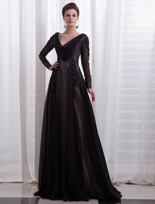 Black Evening Dress Deep-V Sequins Mesh Chiffon Prom Dress Milanoo