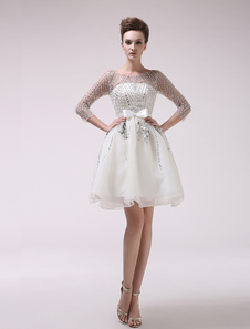 Ivory Prom Dress Sequins Sash Bow Semi-Sheer Organza Dress Milanoo