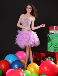 Sequin Prom Dress Fuchsia Pink Sweetheart Strapless Party Dress Ruffles Organza Homecoming Dress