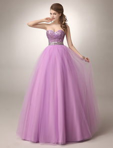 Fuchsia Pink Prom Dress Sequin Tulle Ball Gown Sweetheart Beaded Floor Length Quinceanera Dress