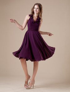 Feminine Purple V-neckline Chiffon A-line Womens Homecoming Dress