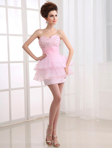 Sexy Pink Organza Satin Knee Length Prom Dress
