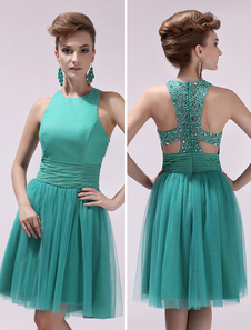 Tulle Prom Dress Blue Green Beaded Cocktail Dress Jewel Neck Sleeveless Cut Out A Line Party Dress Milanoo
