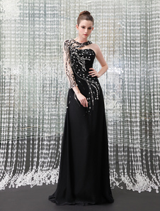 Sexy Black Chiffon Beading Jewel Neck Women's Evening Dress  Milanoo