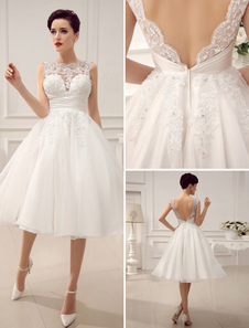 Kurze2021Günstiges  Brautkleider Vintage 1950 Brautkleid Backless Spitze Perlen Plissee Pailletten Illusion Hochzeitsempfang Kleid mit Milanoo