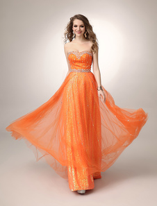 Orange Tulle A-line Rhinestone Prom Dress with Sweetheart Neck