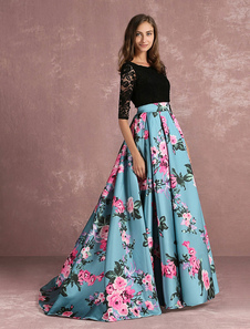 Floral Prom Dress Lace Backless Printed Pageant Illusion 3/4 Sleeve Pleated A Line Party Dress With Chapel Train Free Customization