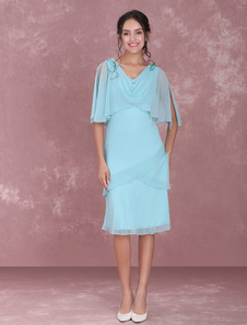 Mother Of The Bride Dresses Mint Green Chiffon Cocktail Dress Tiered Cowl Neck Split Sleeve Wedding Guest Dresses
