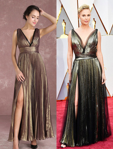 Chiffon Celebrity Dress Light Gold V Neck Pleated Floor Length Evening Dress Inspired By Charlize Theron At Oscar Milanoo