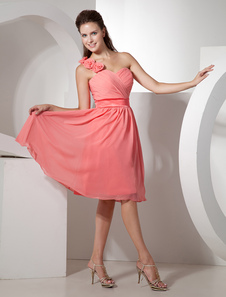 One-shoulder Floral Chiffon Knee Length Bridesmaid Dress With Flowers