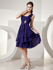 Chiffon Bridesmaid Dress Royal Purple Knee Length One Shoulder Tiered Prom Dress