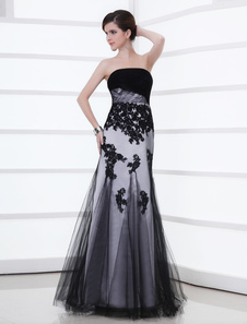 Black Wedding Dress Strapless Lace Applique Tulle Mermaid Gown