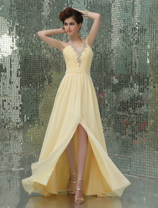A-line Daffodil Chiffon Applique Halter Prom Dress