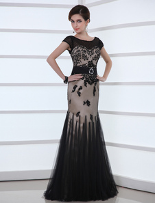Lace Applique Black Wedding Dress Mermaid Illusion Neckline Satin Sash