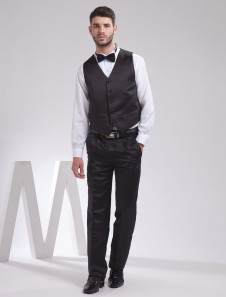 Slimming Black Satin Buttons V-Neck Fashion Groom Vest