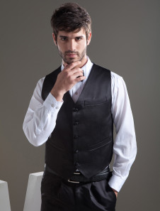 Elegant Black Satin Buttons V-Neck Fashion Groom Vest