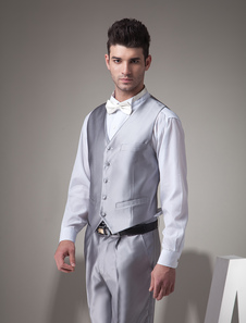 Shiny Silver Tweed Buttons V-Neck Tailored Wedding Groom Vest