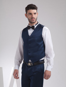 Retro Dark Navy Satin Buttons V-Neck Tailored Wedding Groom Vest